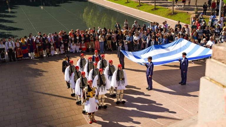 Greek flags fly high as Evzones march to the ANZAC Memorial at Sydney’s Hyde Park