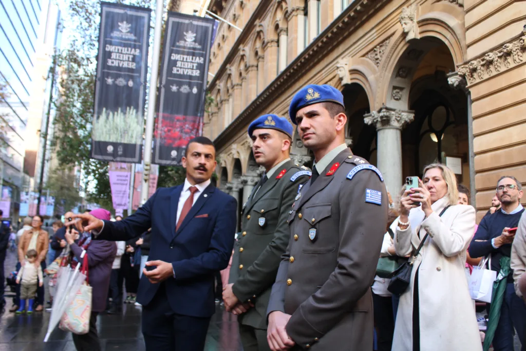 evzones at the martin place cenotaph in sydney