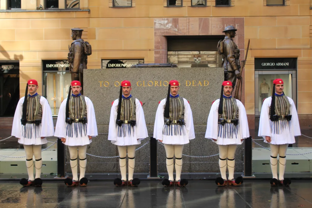 evzones at the martin place cenotaph in sydney