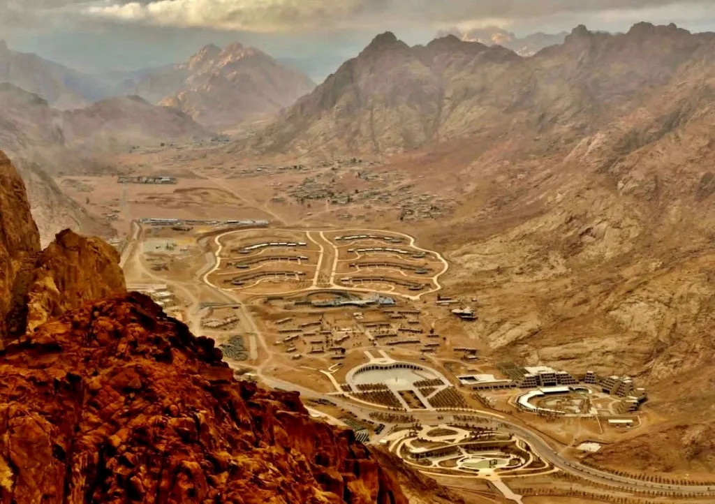 View of the "Great Transfiguration Project" on the plain of Ar Raha, sacred ground where according to tradition the followers of Moses waited for him to return from Mt Sinai.