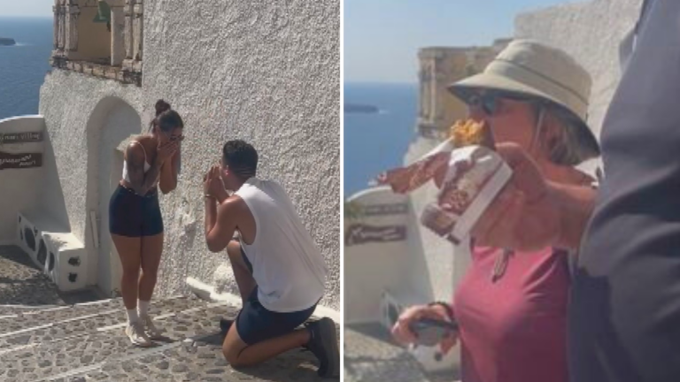 Santorini proposal hilariously interrupted by unwitting elderly couple