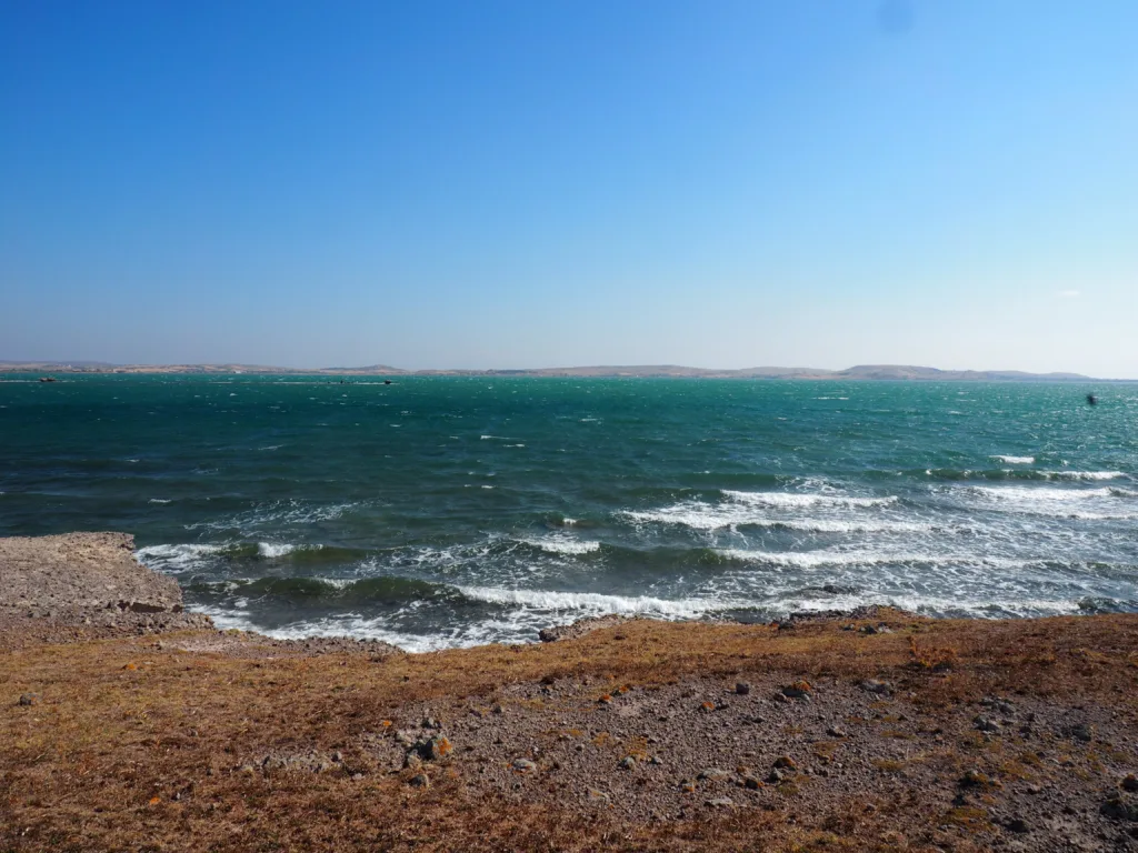 The waters of Mudros’ great harbour at Lemnos – the largest protected harbour in the eastern Mediterranean – where Australia’s AE2 sailed in 1915. Photo Jim Claven 2022