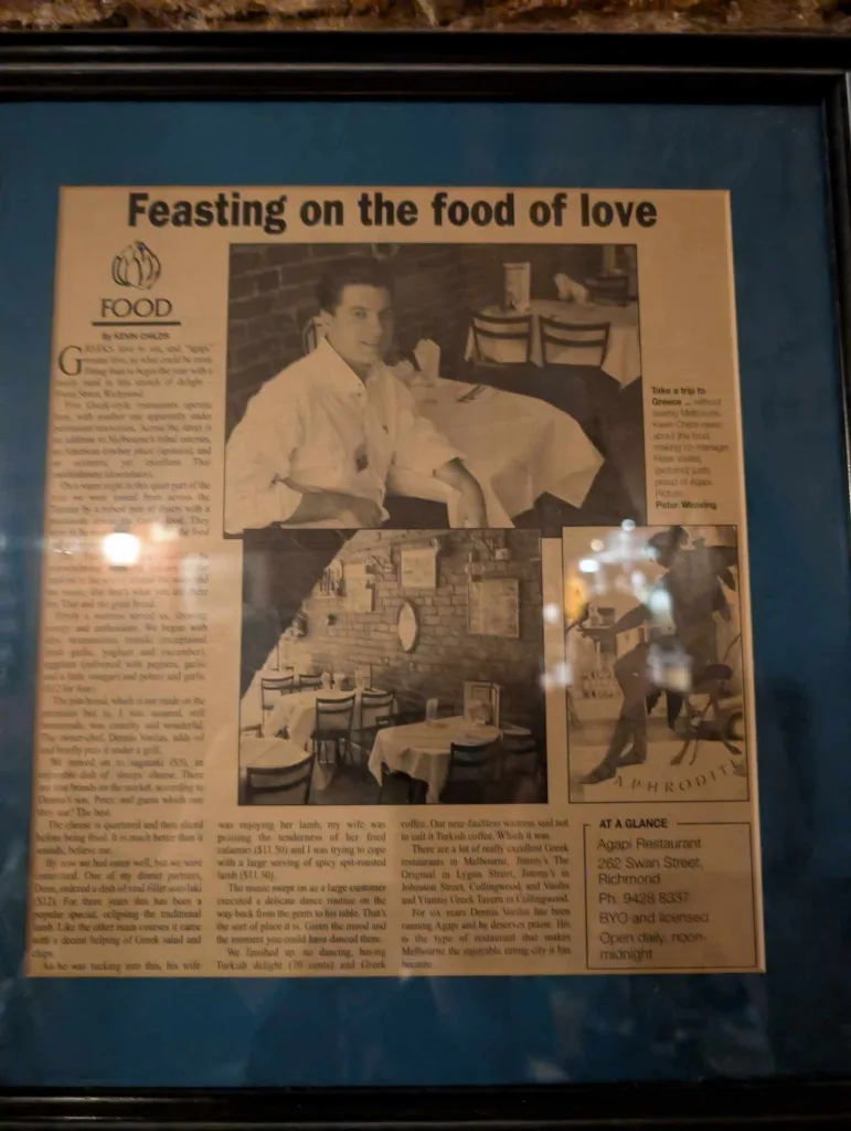 Agapi's owner Peter has framed an older article written about his restaurant