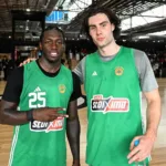 Kendrick Nunn and Josh Giddey at a Panathinaikos practice session. Picture: NBL
