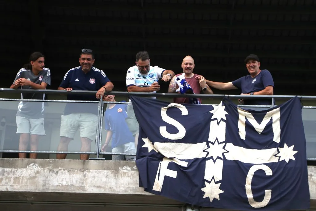 South Melbourne supporters in full voice during The Greek Herald Cup at Jubilee Stadium - when the two Greek-Australian giants last met in Sydney.
