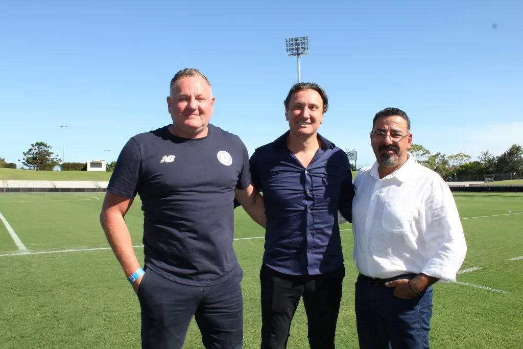 L to R: Sydney Olympic President Damon Hanlin, South Melbourne Co-Presidents, Bill Papastergiadis and Andrew Mesourouni.