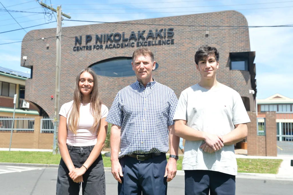 Dux Mattea Georges and Dux Proximus Alexander Korlos with Principal Mark Robertson
