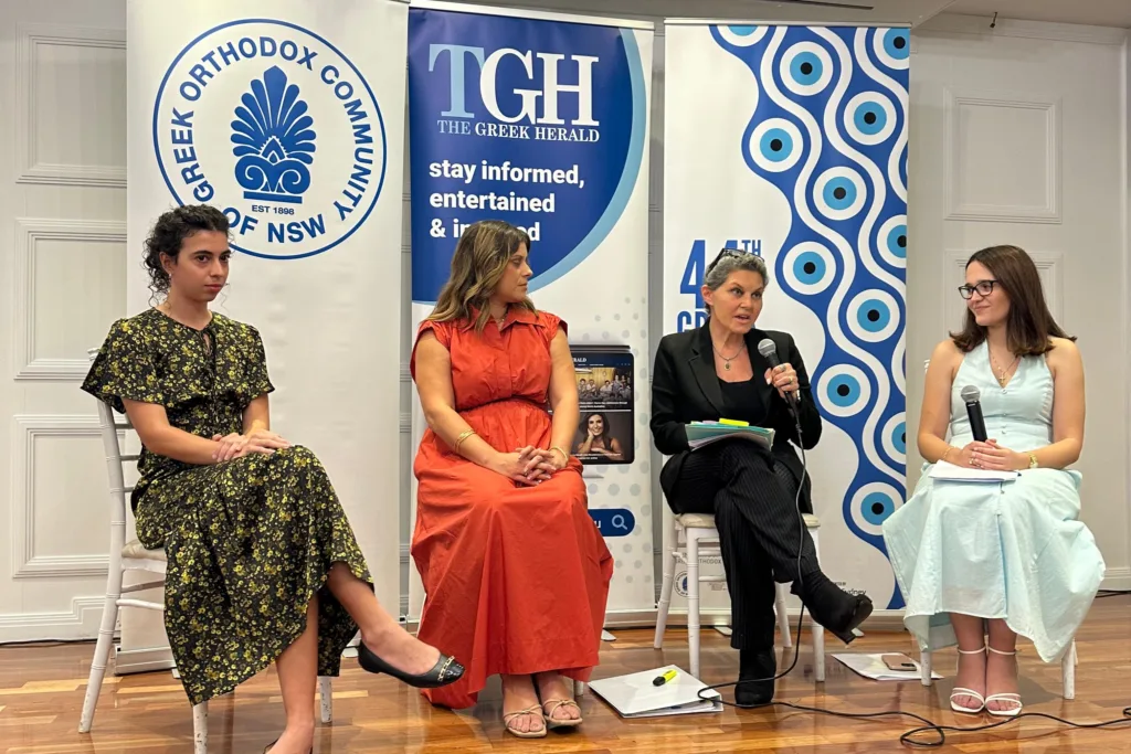 Chrissa Loukas-Karlsson speaks during the panel discussion at Restoring Balance: Hellenic Women Leading Change, The Greek Herald’s International Women’s Day event.