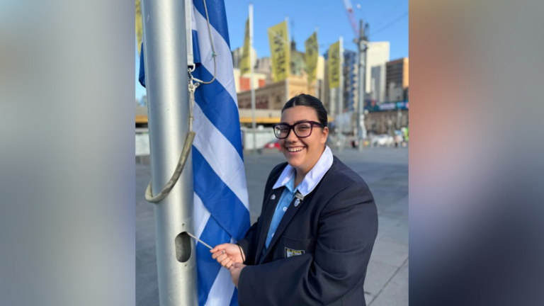 Midnight flag raising and landmark illuminations for Greek National Day in Melbourne