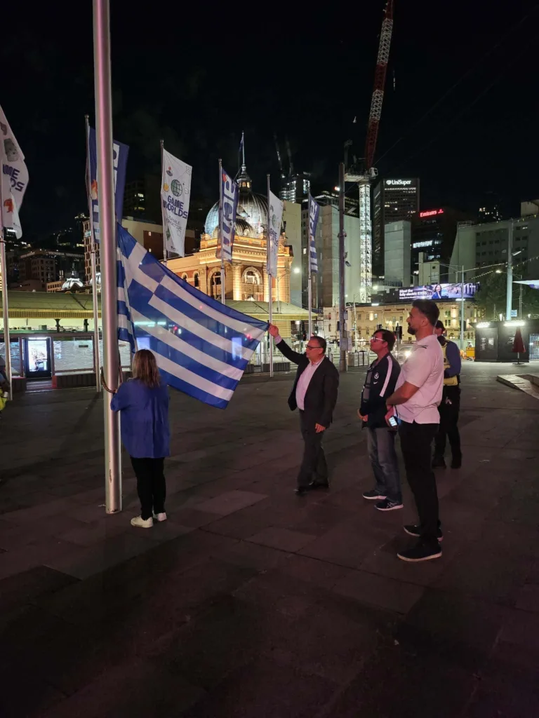 flag raising federation square melbourne greek independence day