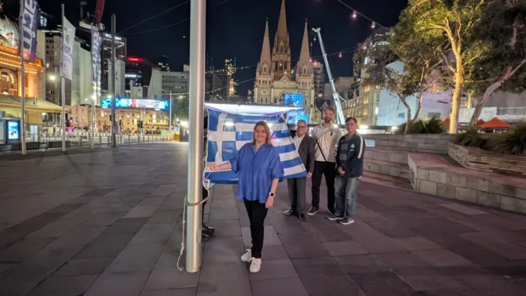 Midnight flag raising at Fed Square begins Greek National Day celebrations in Melbourne