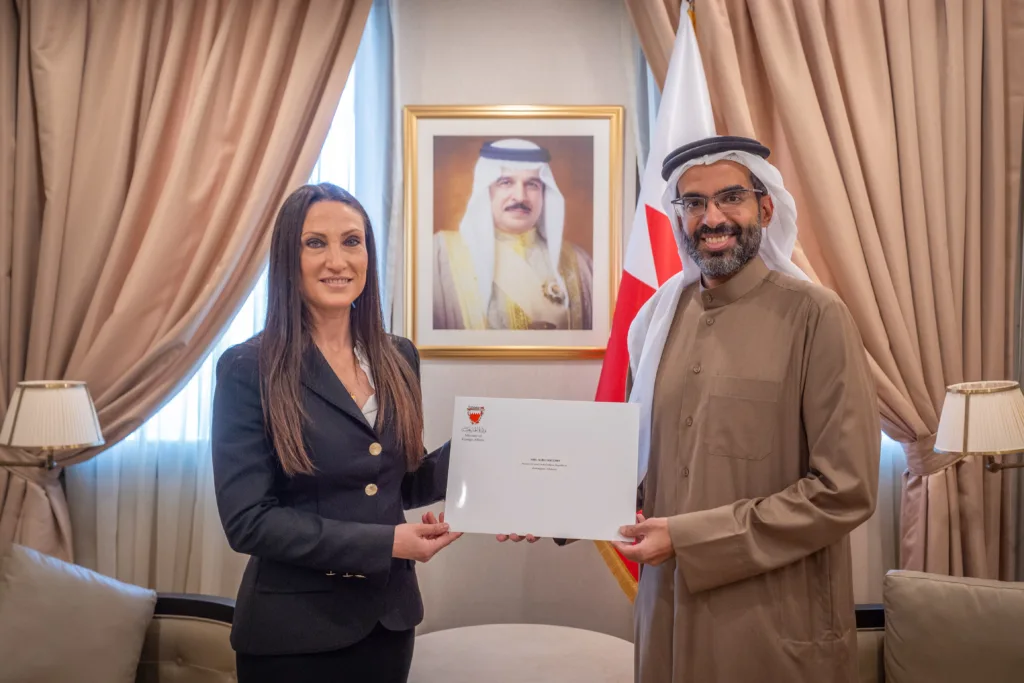 Aliki Chatzara is pictured with Sheikh Abdullah bin Ali Al Khalifa during the presentation of her consular diploma as Honorary Consul of Greece in the Kingdom of Bahrain.