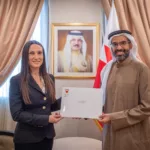 Aliki Chatzara is pictured with Sheikh Abdullah bin Ali Al Khalifa during the presentation of her consular diploma as Honorary Consul of Greece in the Kingdom of Bahrain.