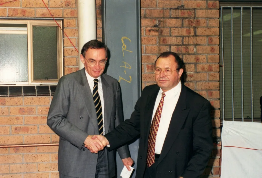 Former Premier of NSW Bob Carr and Theo Skalkos at his Marrickville offices.