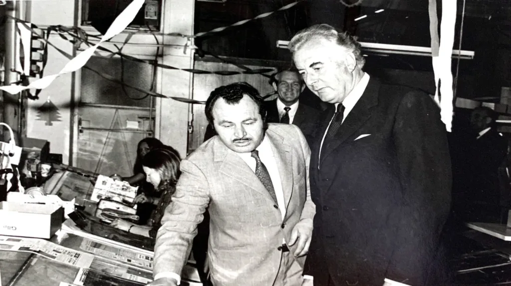 Former Prime Minister of Australia Gough Whitlam visiting Mr Skalkos’ printing presses.