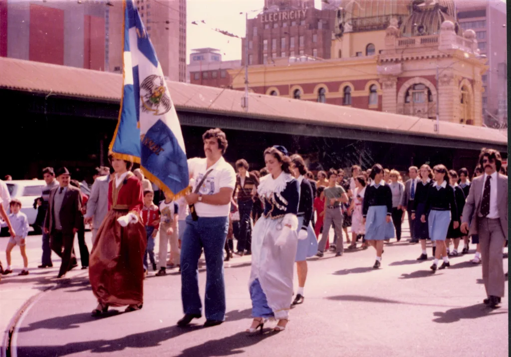 Greek Australians march through Melbourne during a 25 March parade in the late 1970s or early 1980s as multiculturalism reshaped