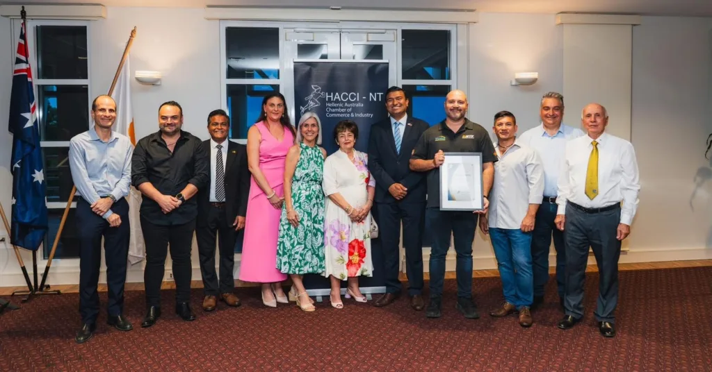L-R Judge Tass Liveris, Rossi Kourounis, Khoda Patel MLA, Magdaline Coleman, Angela Tomazos, Lilliane Gomatos, Minister Jinson Charls MLA, Tony Halikos, Jimmy Bouhoris & Michael Kalidonis HACCI NT, john anictomatis