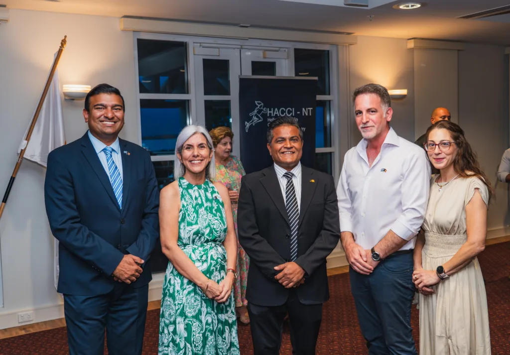 L-R Minister Jinson Charls MLA , Angela Tomazos – HACCI NT and HACCI National Federation Chair, Khoda Patel MLA, Mr Michael Koulianos – GOCNA President, Mrs Themis Koulianos