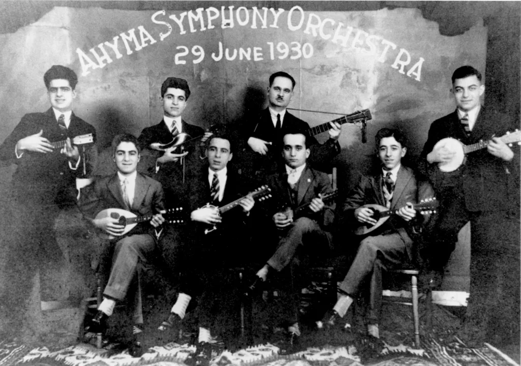 Members of the Ahyma Symphony Orchestra in 1930 reflecting the growth of Greek cultural life in early multicultural Australia.