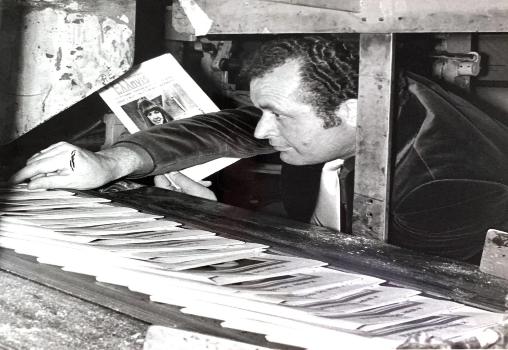 Mr Skalkos inspecting his printing presses.