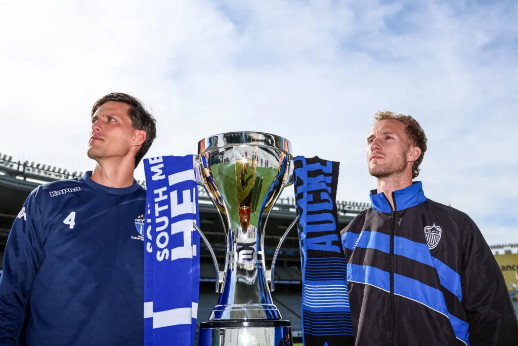 South Melboune FC's Marco Jankovic and Auckland FC's Tass Mourdoukoutas during the OFC Pro League 2026, Press conference ahead of the final between South Melbourne FC and Auckland FC, Eden Park Auckland, Friday 22 May 2026. Photo: Shane Wenzlick / www.phototek.nz
